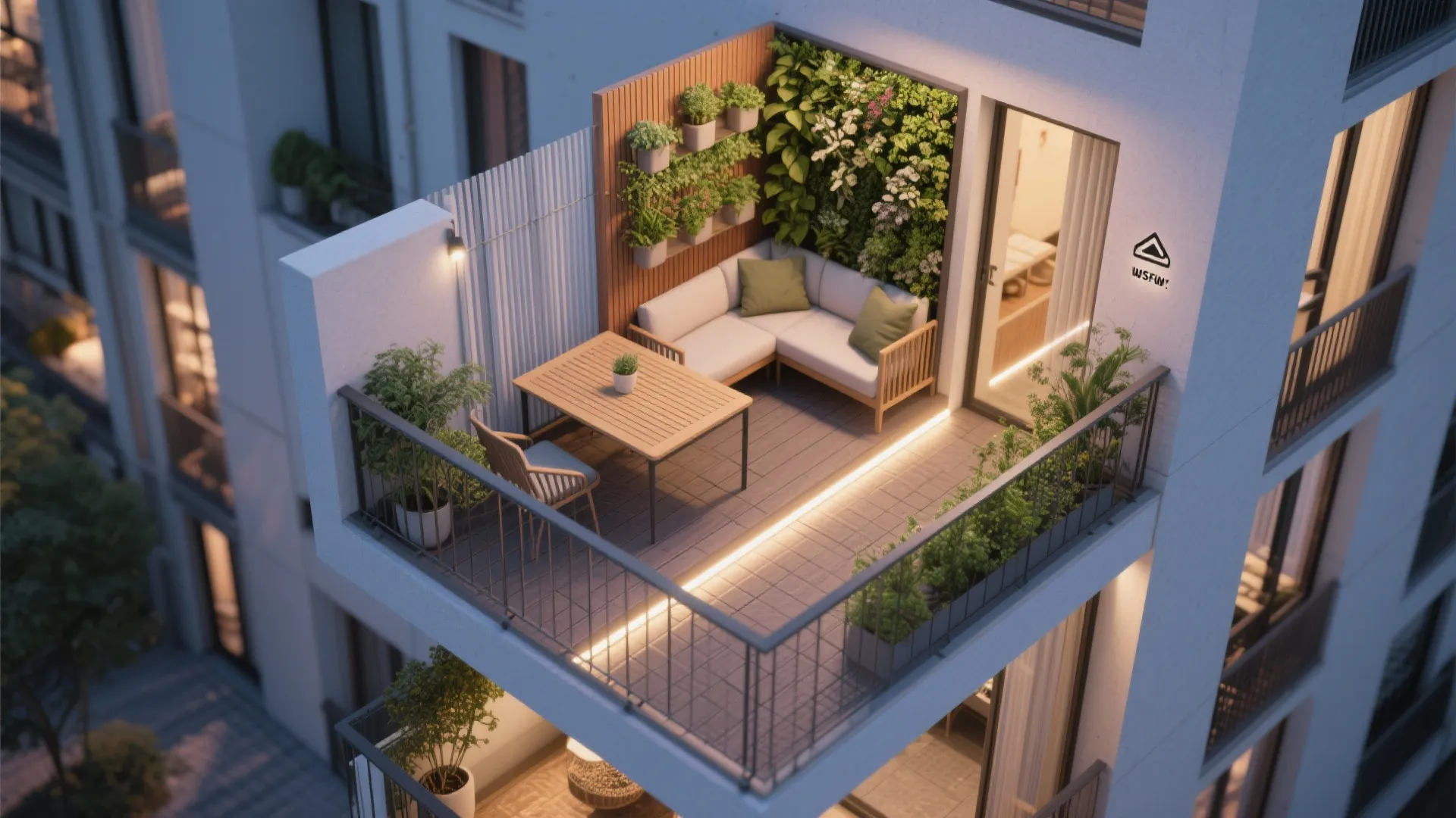 Top-down plan showing integrated vertical garden, smart rail furniture, privacy layers, and warm materials.