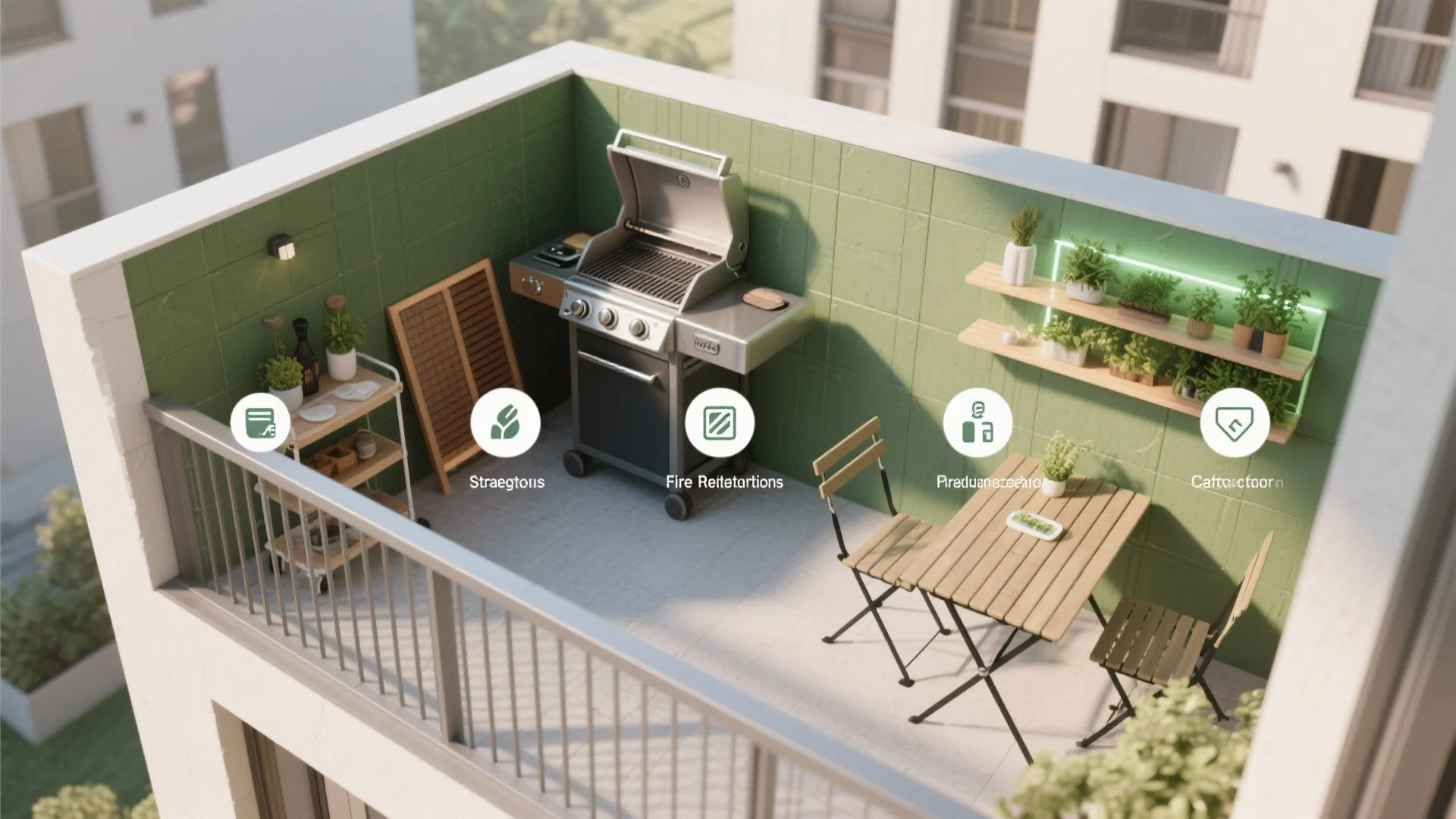 Top-down summary of balcony with green wall, slim grill, bar cart, fire-safe zones, fold-down table, and LED herb shelf.
