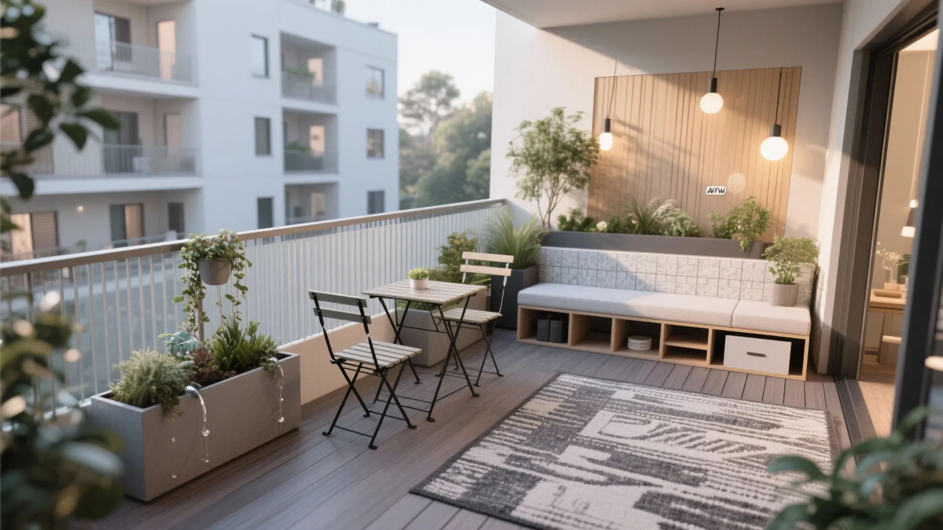 Modern balcony with wooden floor, small table, chairs, long bench, rug, plants, and ceiling lights