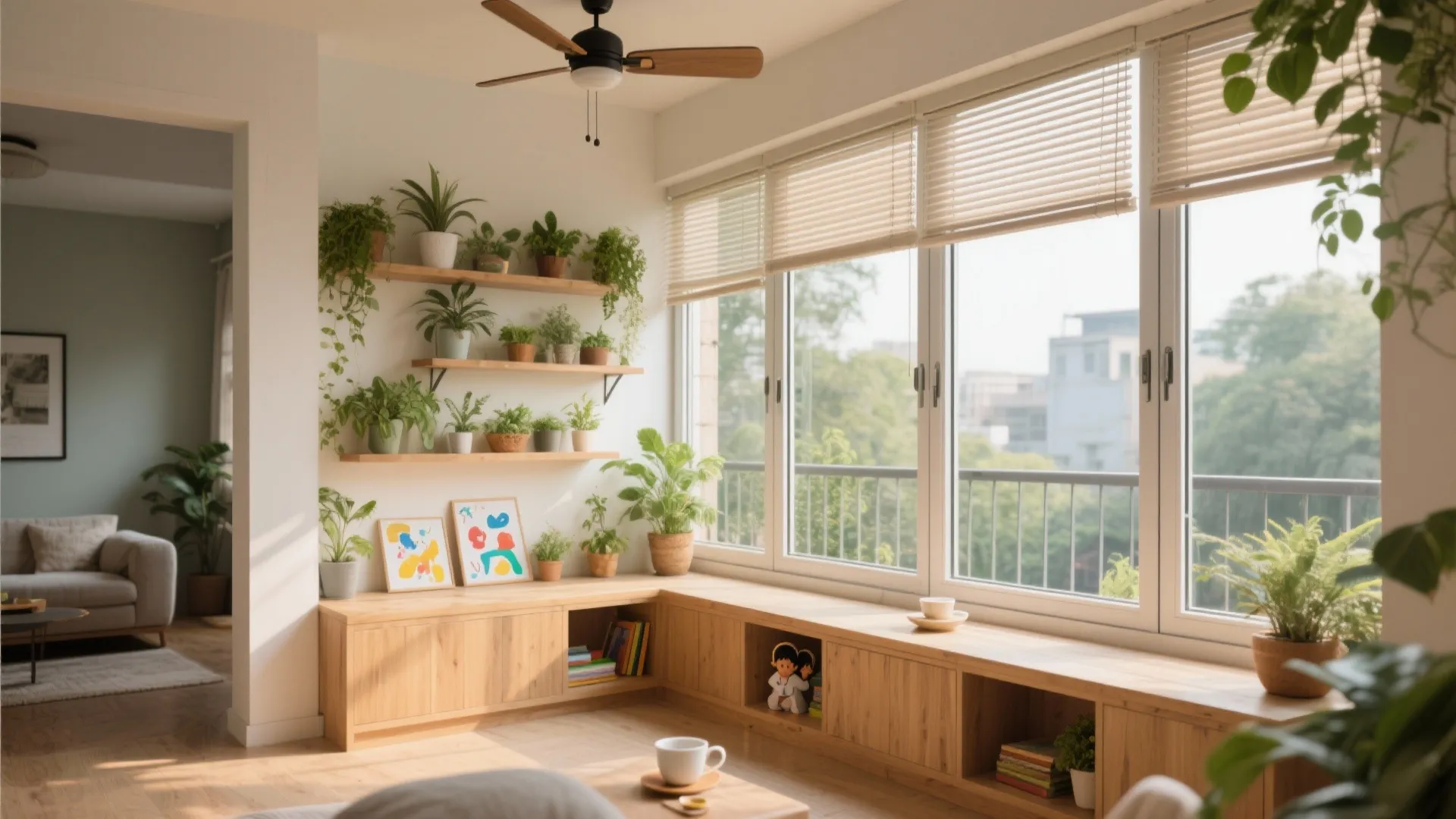Sunlit room with wooden bench green plants on wall shelves large windows and ceiling fan