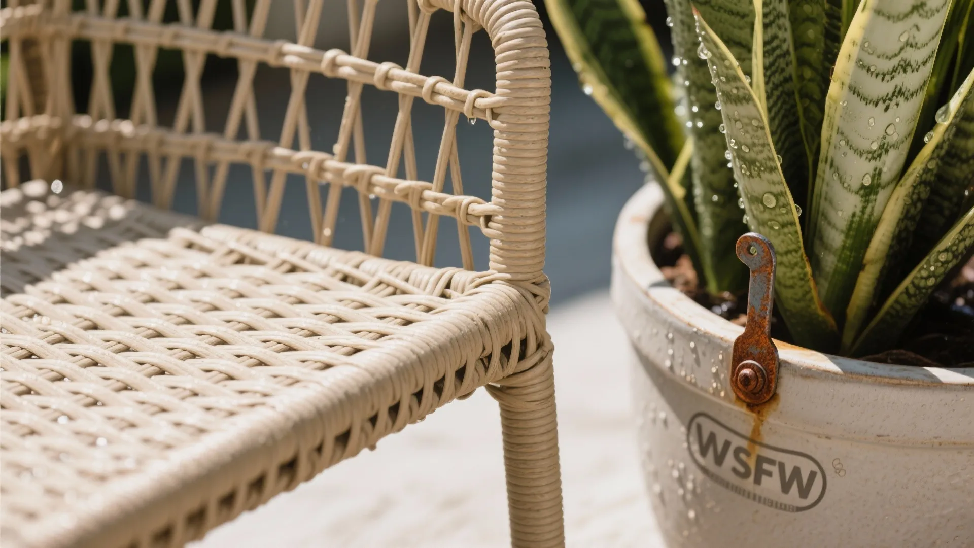 Close up of woven outdoor chair next to a plant pot with many fresh water droplets