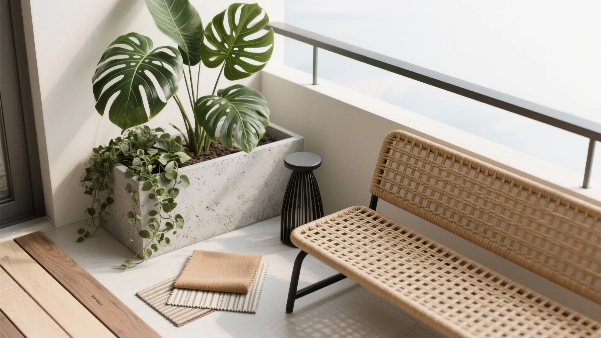 Mix Textures: Faux Wood, Rattan, and Stone Accents