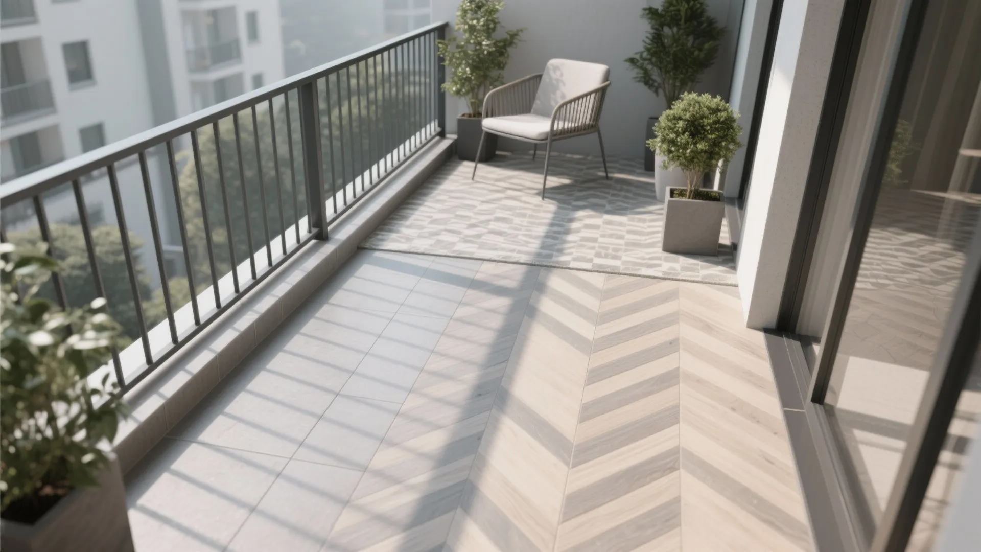 Modern balcony design with wood and grey floor tiles a grey chair and green plants
