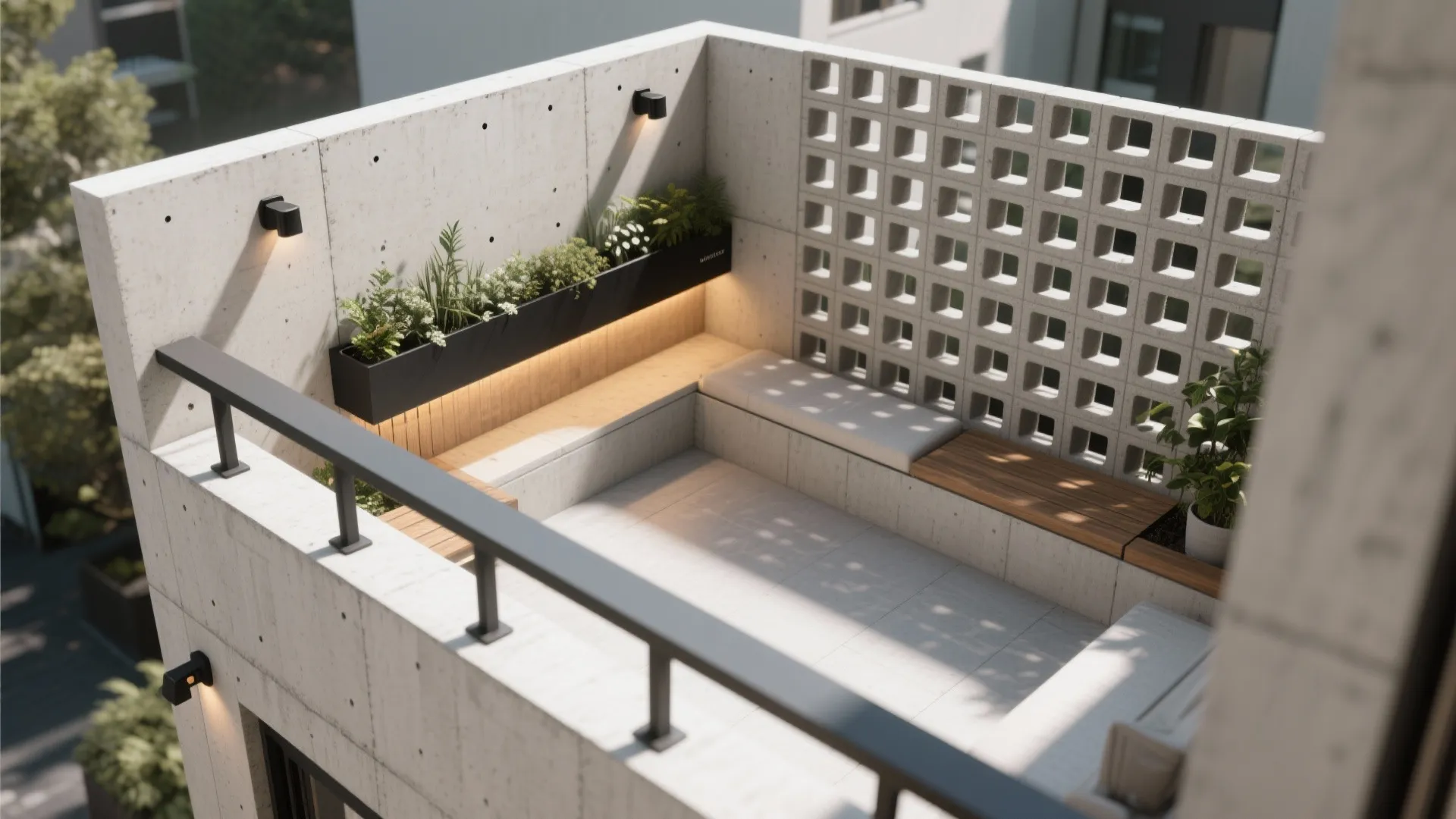 Rooftop terrace design with concrete walls built in wooden seating integrated planters and wall lights