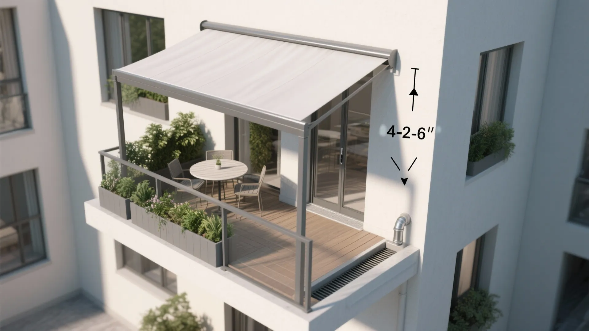 Top down view of a balcony with white awning round table chairs and many green