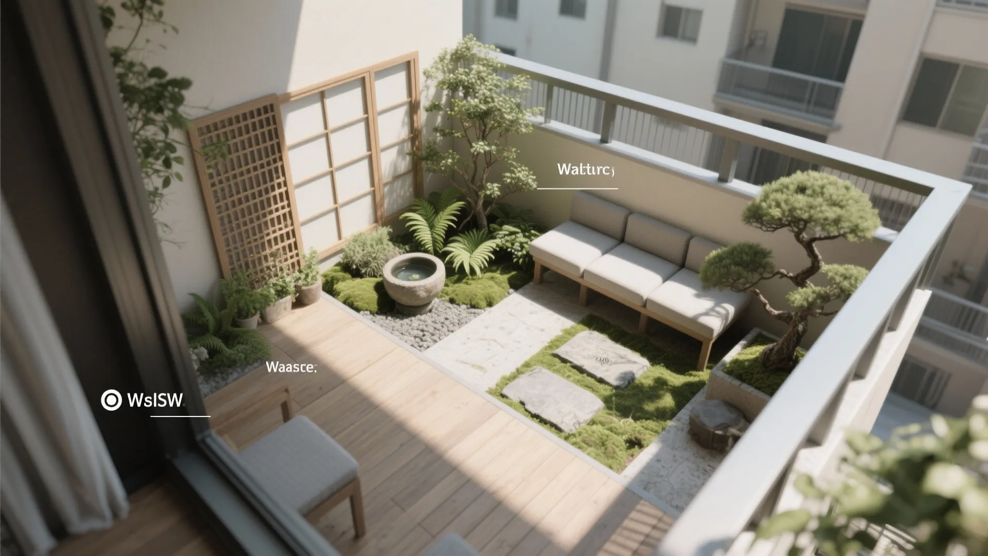 Top-down plan of an apartment Japanese balcony showing plant zone, water bowl, seating, shoji panels, and vertical lattice.