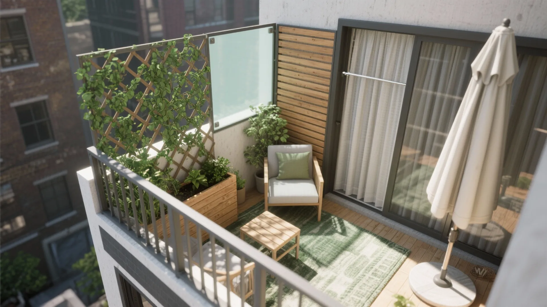 Top-down view of a compact balcony showing plant screen, curtains, panels, slats, and umbrella.