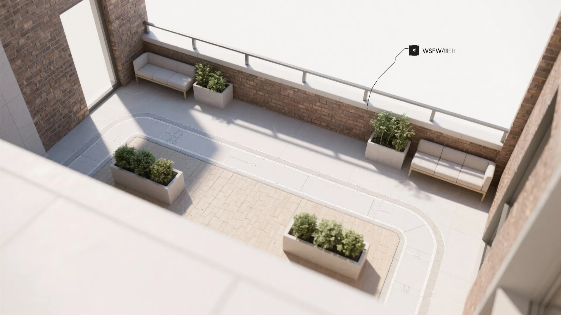 Top-down layout of a narrow balcony with thin brick wall, horizontal railings, and clear circulation