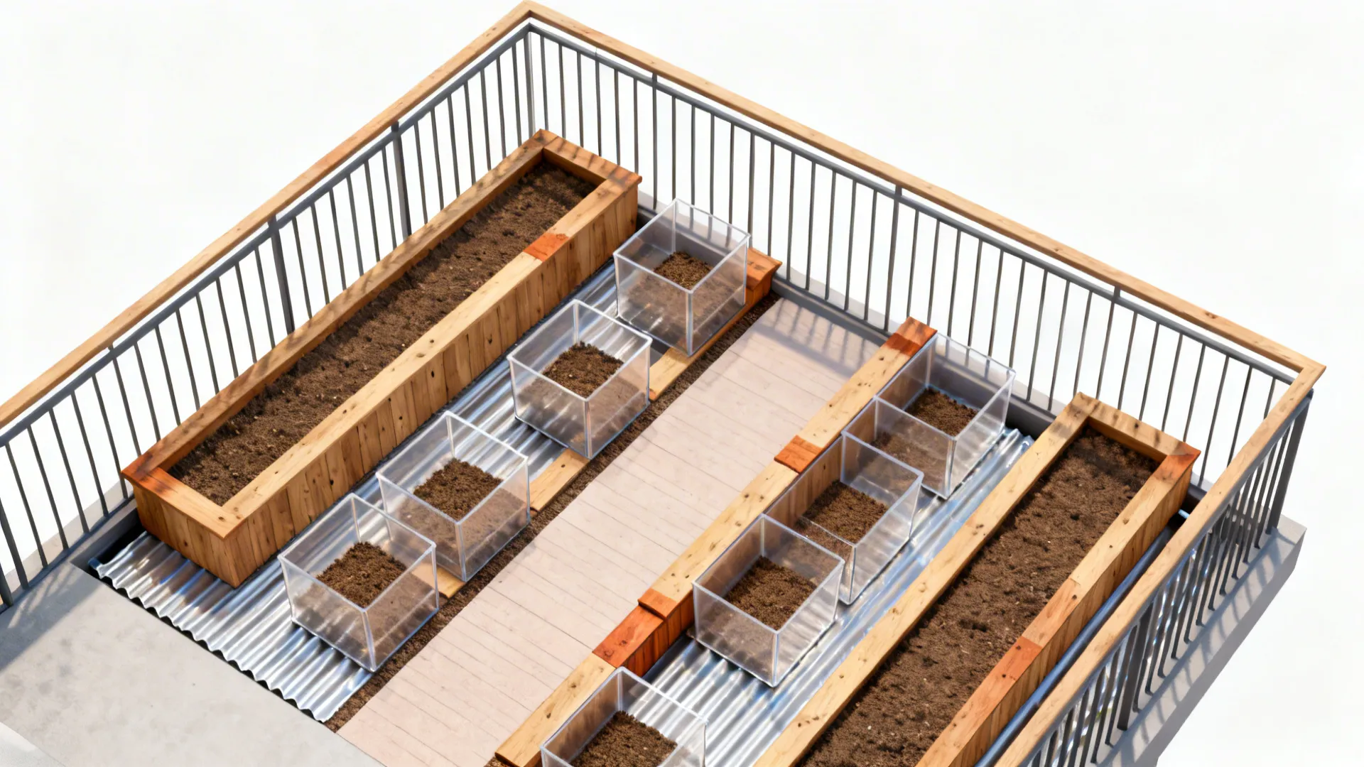 Top-down balcony plan with staggered raised beds and a clear path for access.