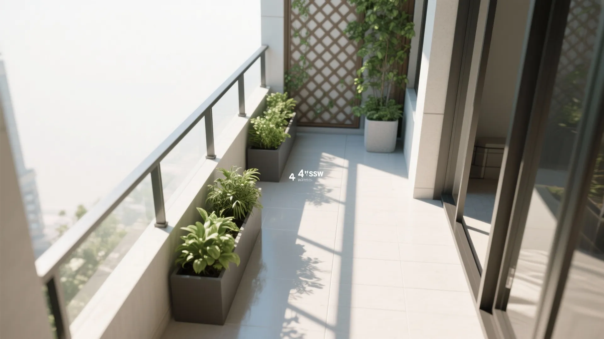 Bright outdoor balcony with grey planters along the railing and tall green plants in pots
