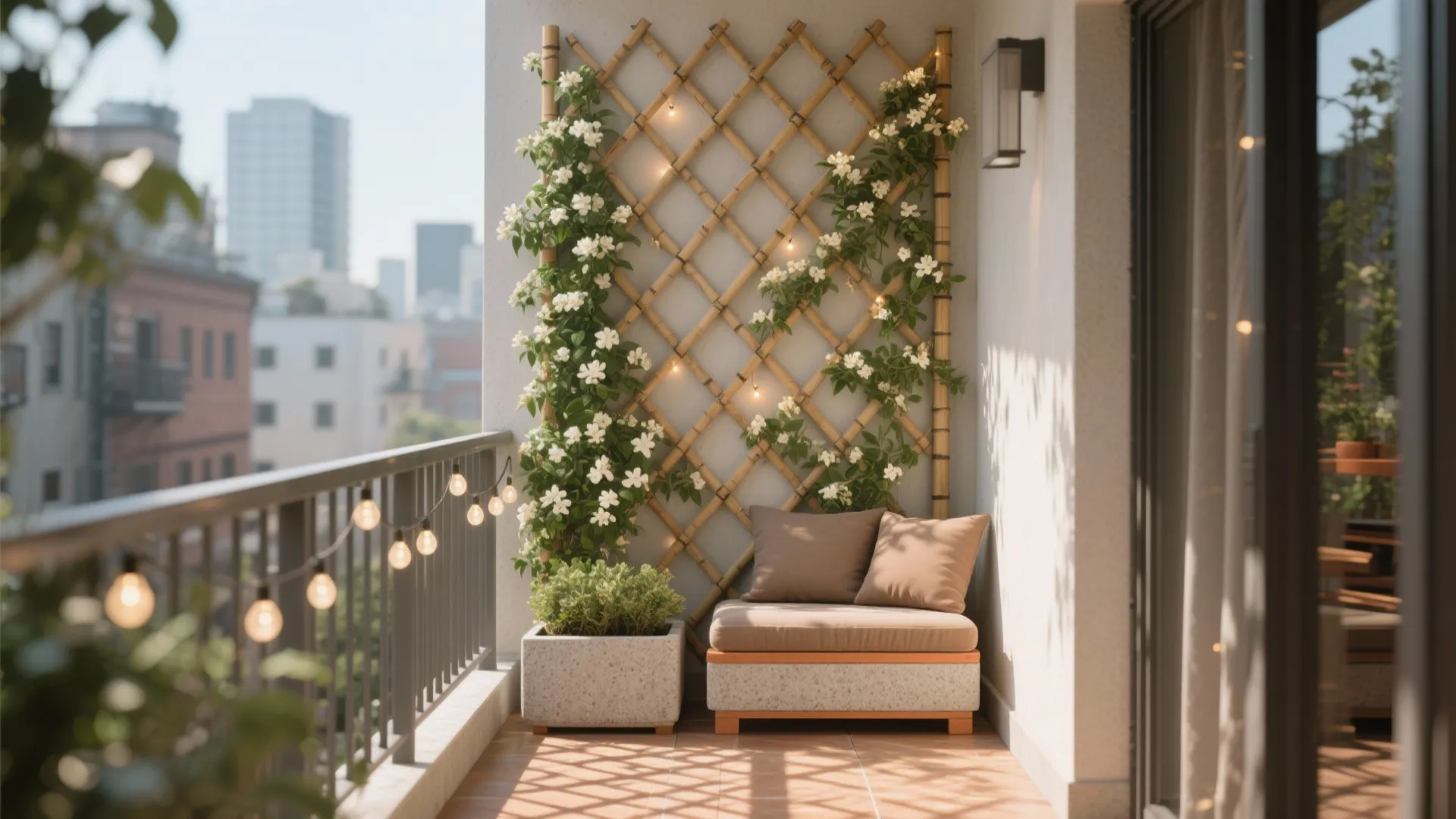 Potted trellis and climbing vines for dappled shade