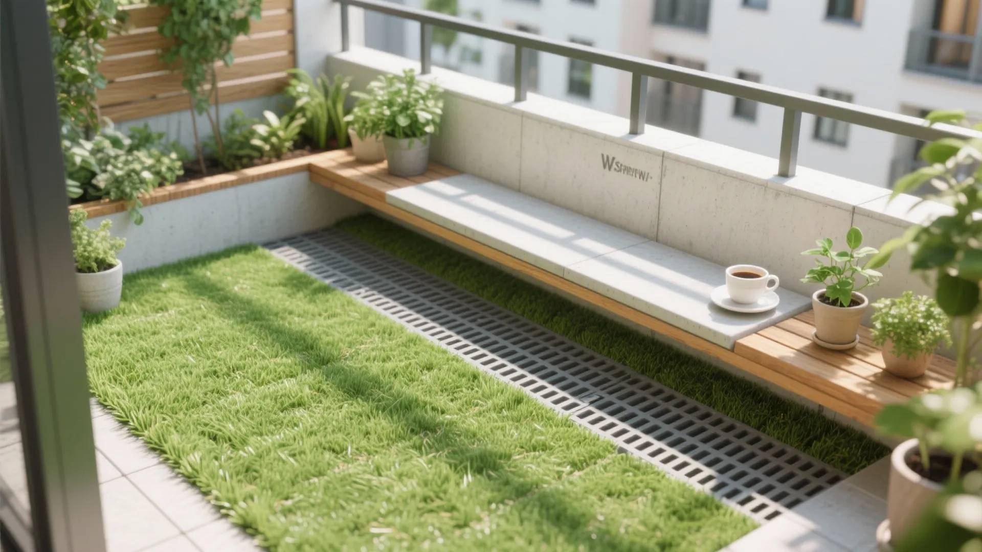 Modern balcony design with artificial green grass floor wooden bench potted plants and coffee cup on
