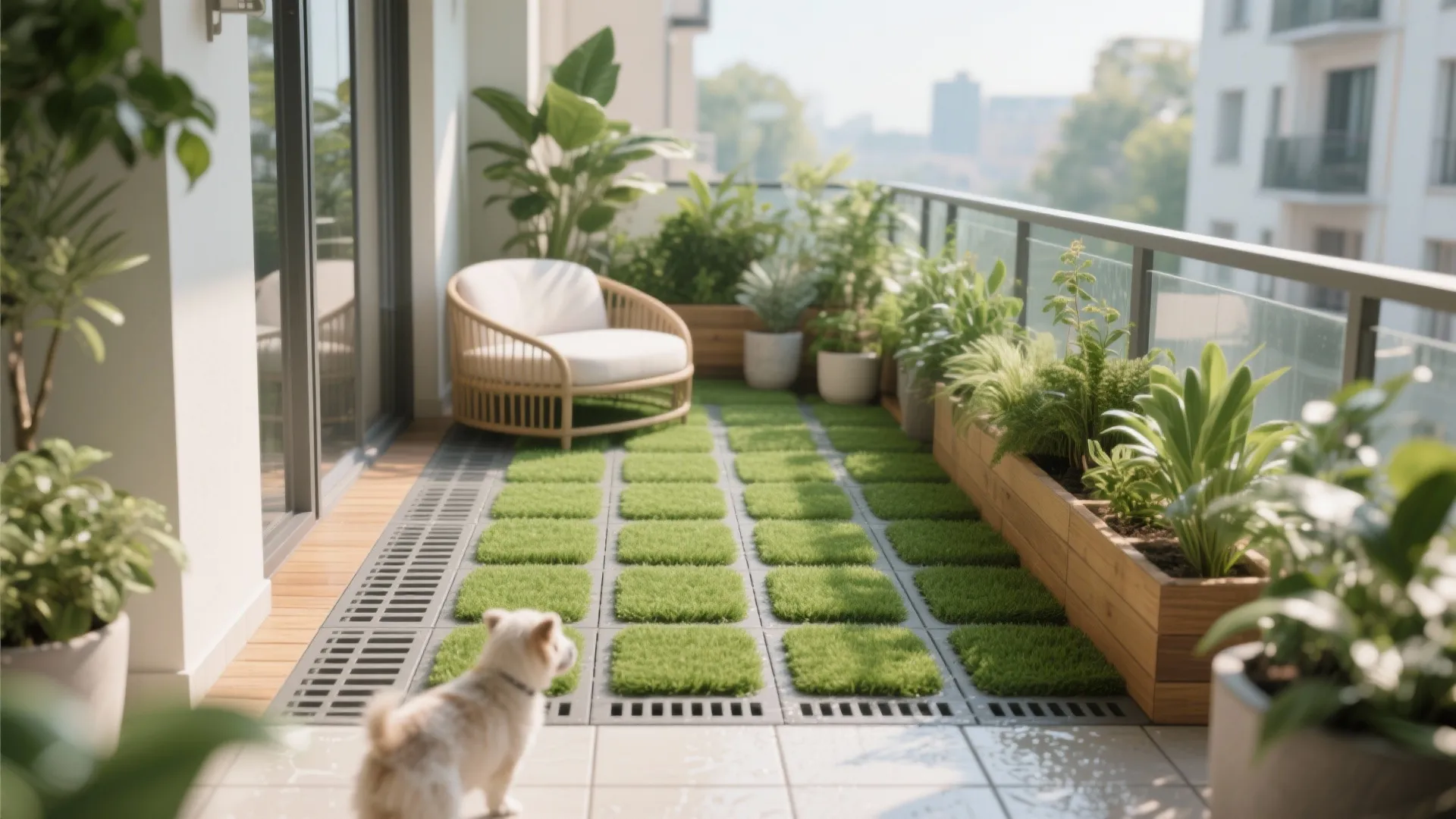 Balcony with realistic artificial grass over a drainage grid edged by tiles, surrounded by plants.