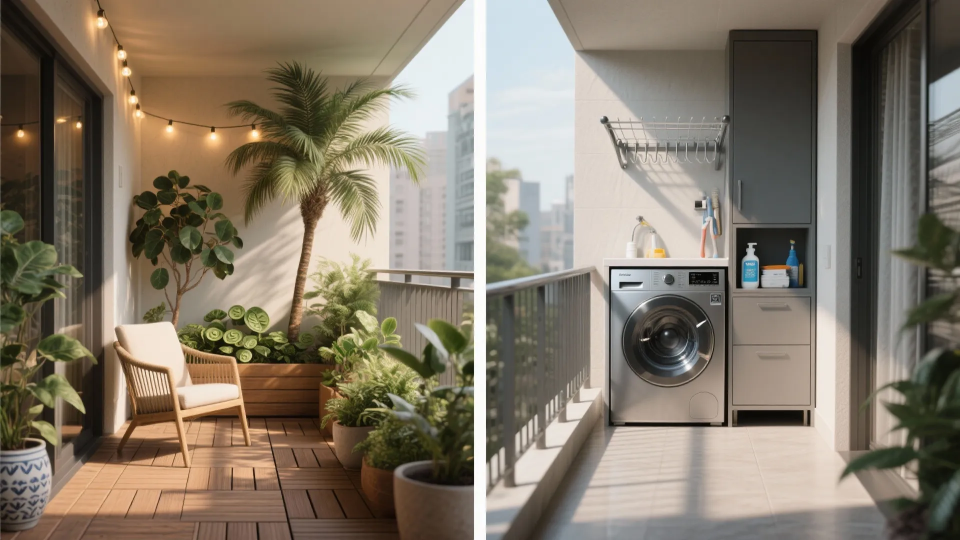 Two balconies, two moods: garden and utility