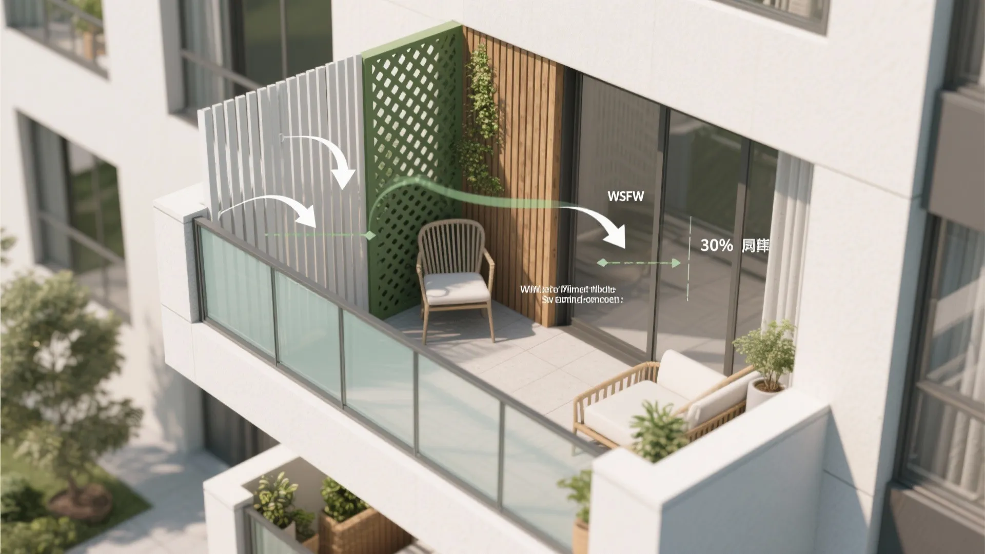 Top-down balcony plan illustrating different fence types with airflow and privacy zones.