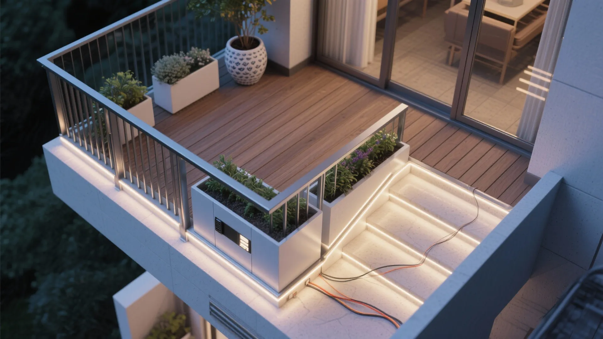 Modern balcony with wooden floor white planters warm LED strip light under the railing and stairs