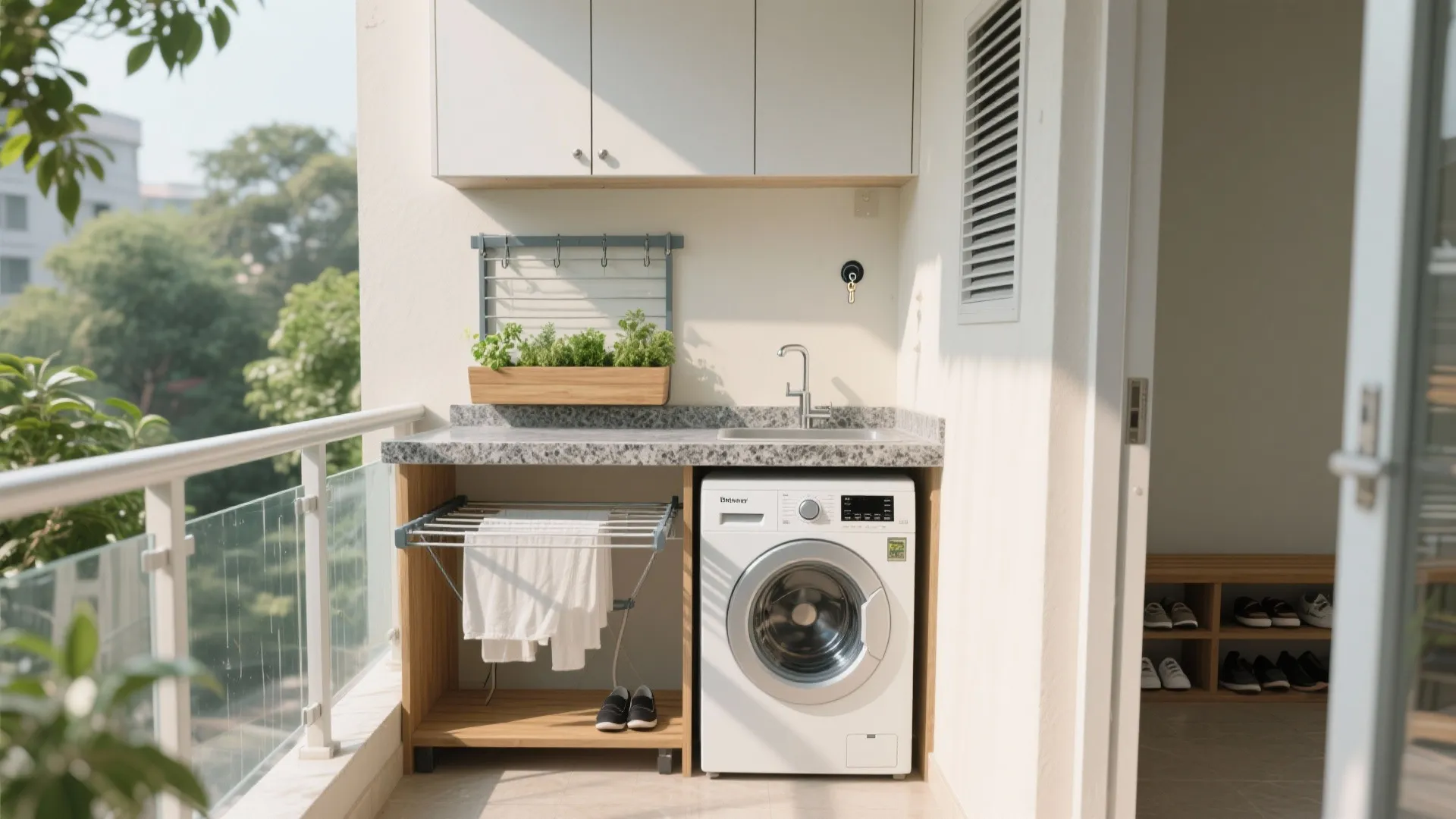 Balcony-utility combo and a tidy entryway