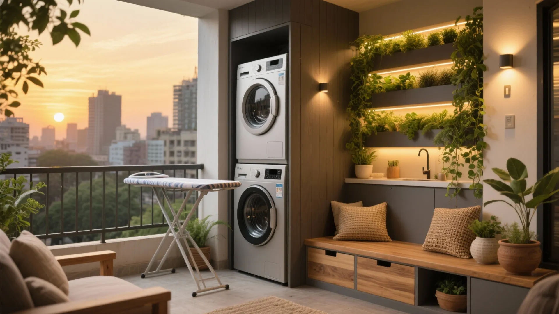 Balcony-utility that doubles as a wellness nook