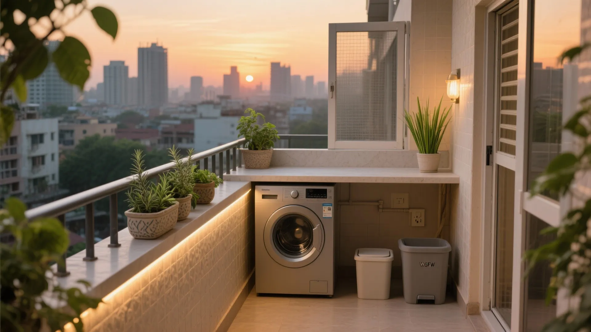 5) Balcony-utility fusion for laundry, greens, and calm
