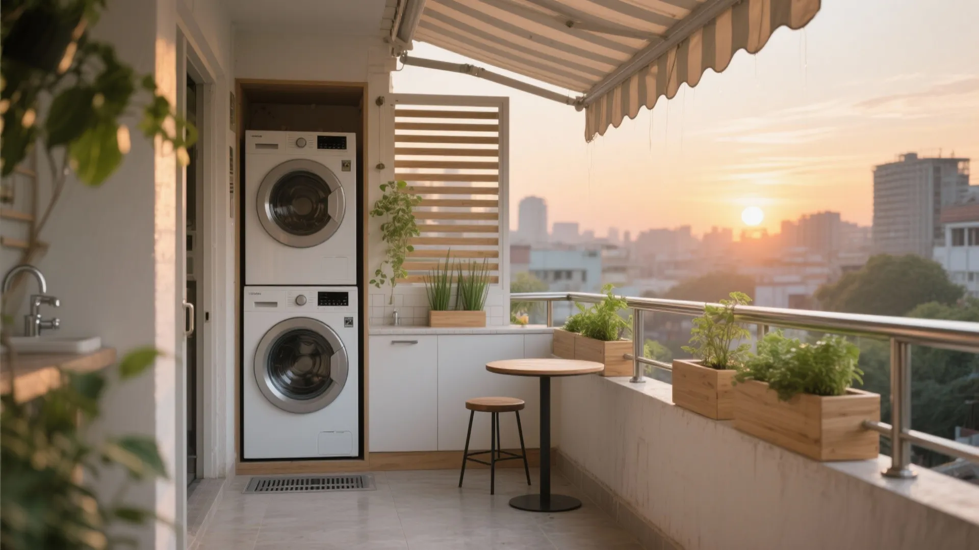 Balcony micro-utility: laundry, herbs, and a sunset perch