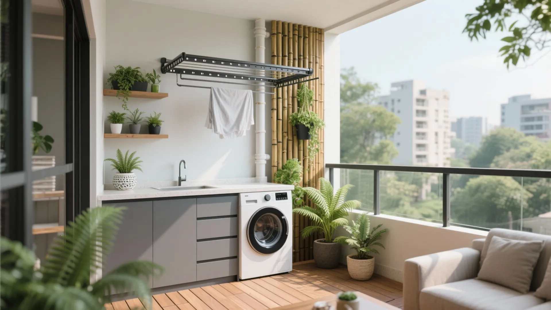 Balcony-utility mashup with greenery and airflow