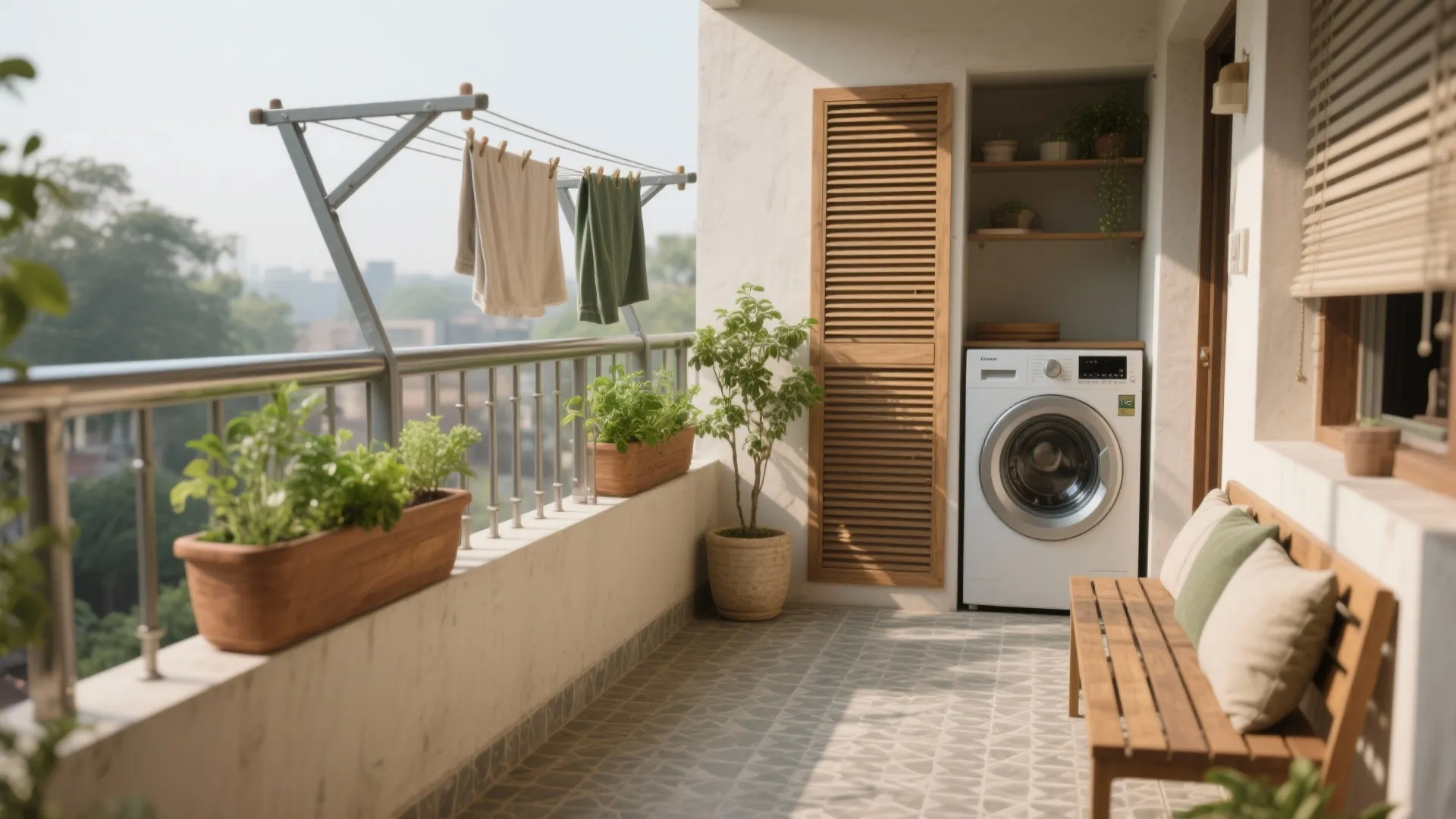Balcony + Utility Done Right: Green, Laundry, and Entry Storage