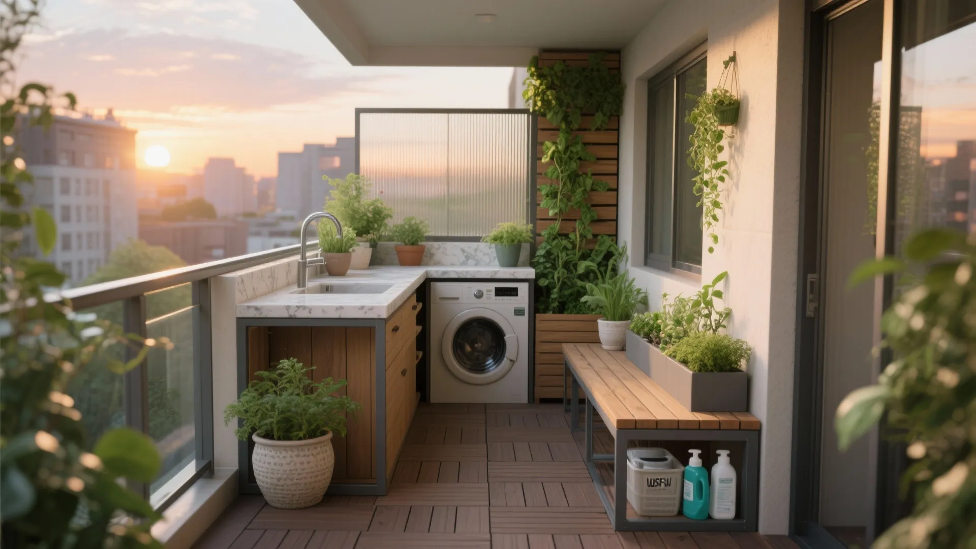 Balcony-to-utility hybrid with a green corner