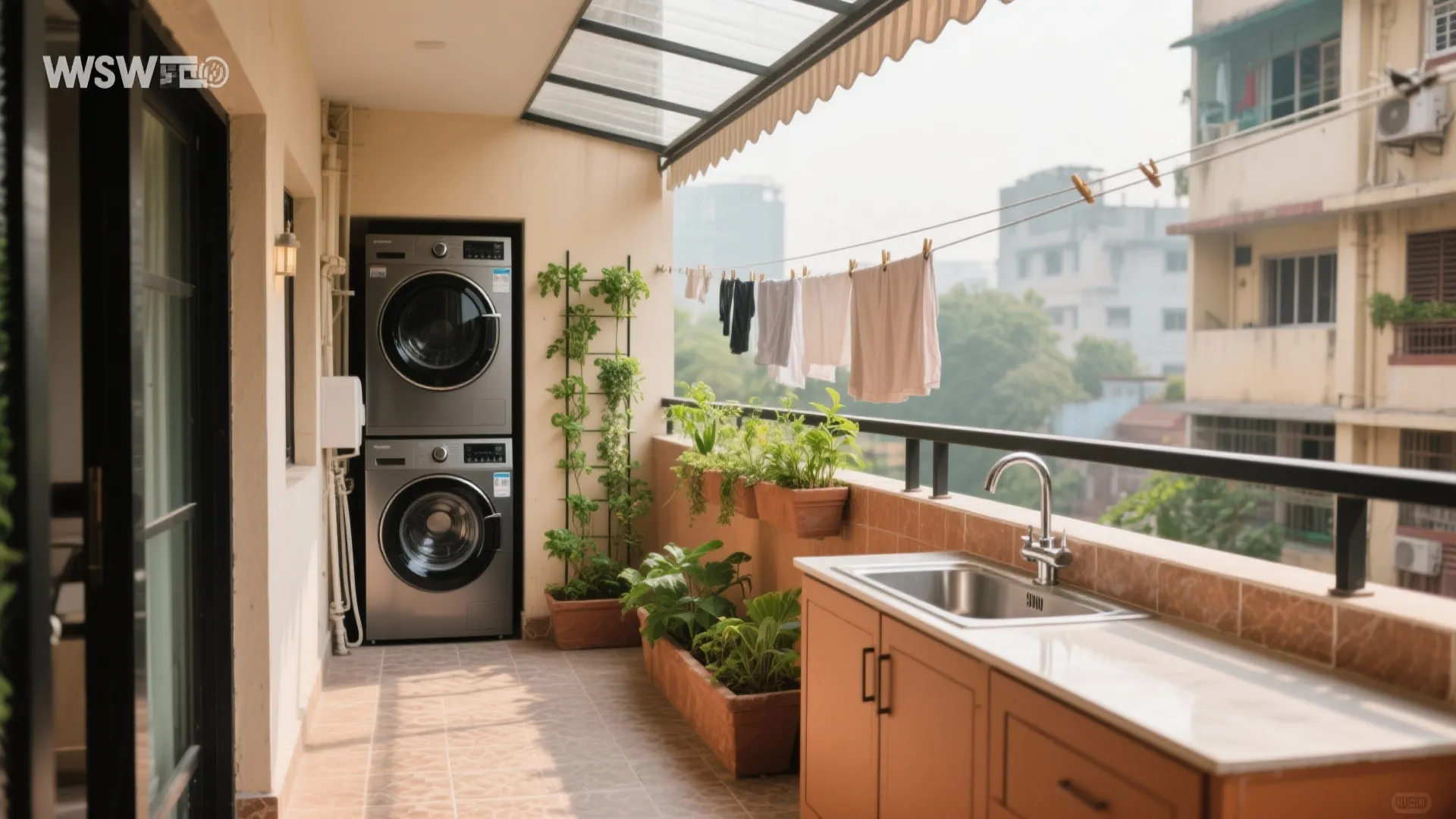Balcony–utility combo for laundry and a green nook