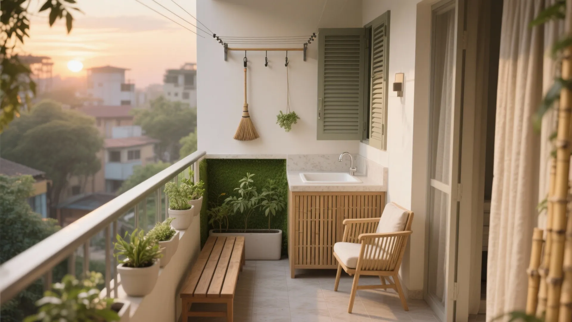 Balcony Utility + Green Pocket for Light, Laundry, and Well-being