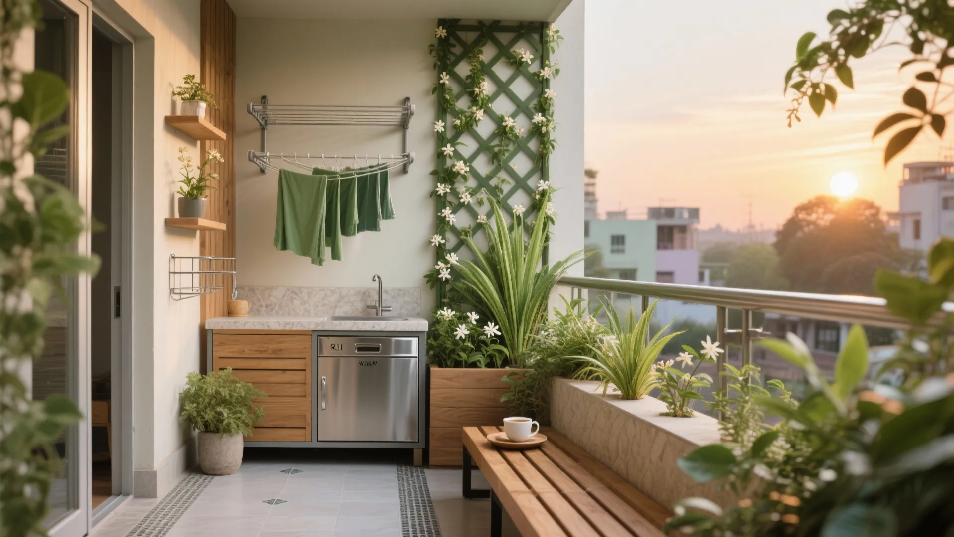 4) Balcony as a utility-green hybrid: drying, plants, and compact storage