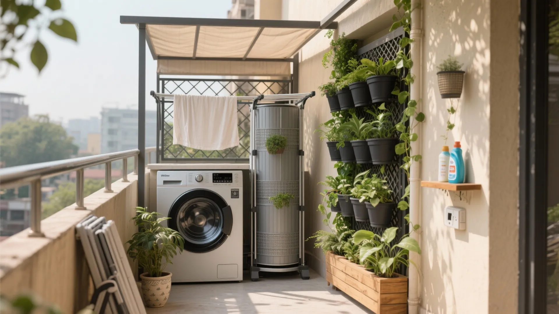 Small balcony with washing machine vertical garden wall plants drying rack and overhead sunshade cover
