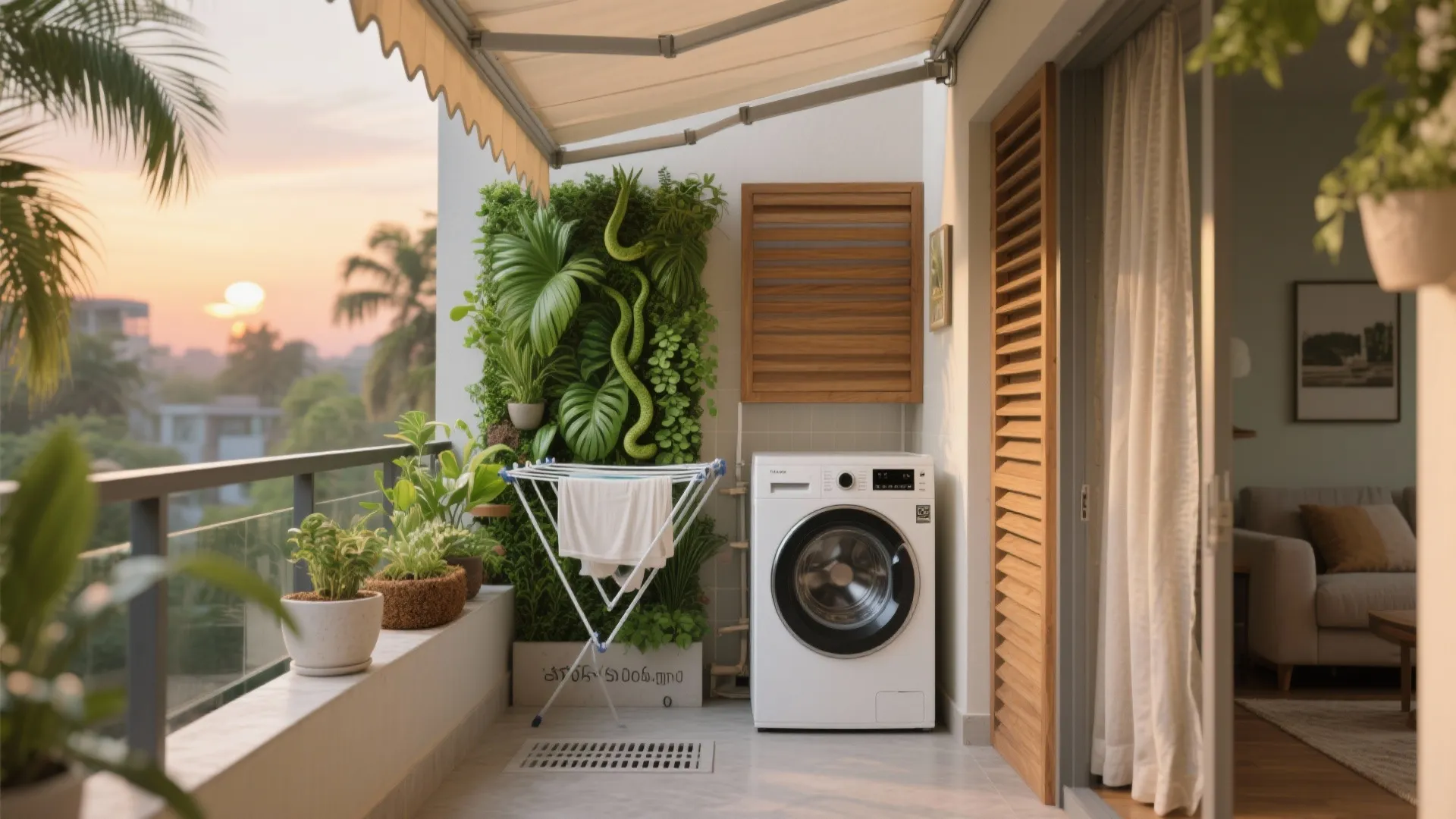 Balcony Utility Nook + Plant Wall to Boost Cross-Ventilation
