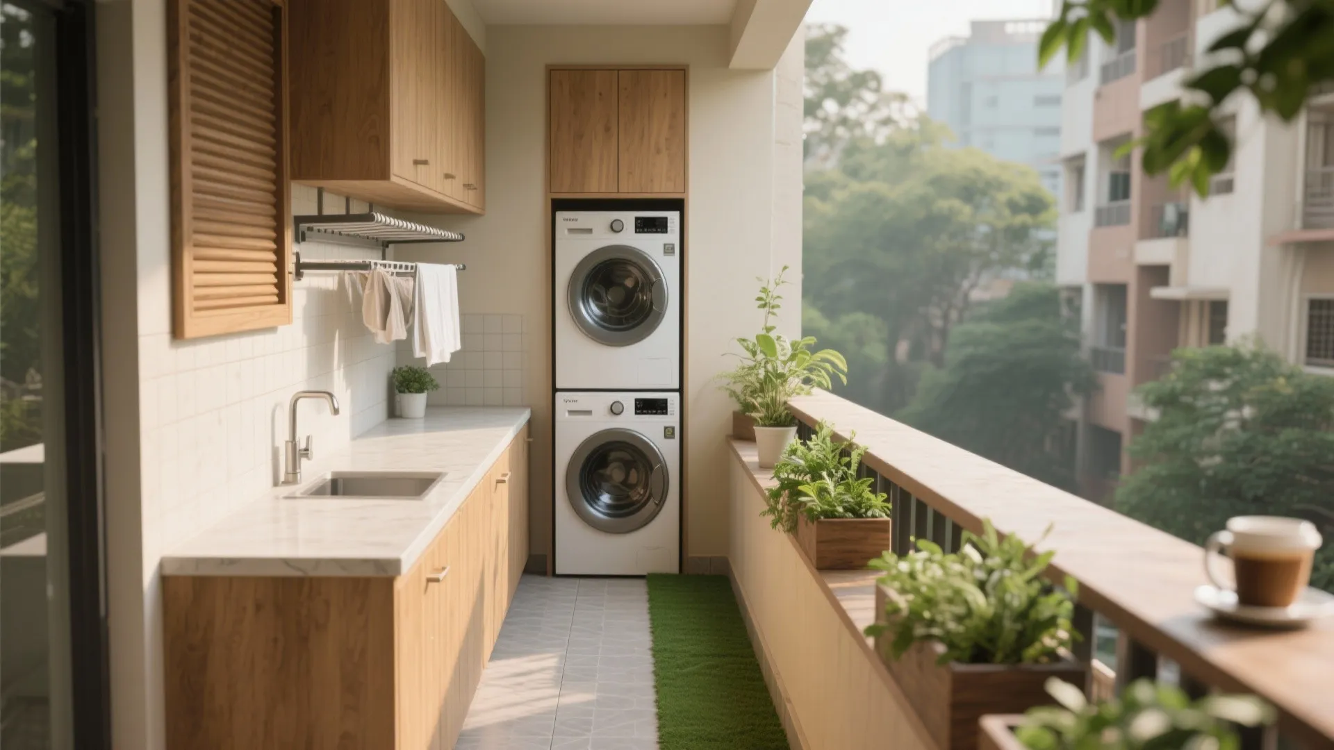 Functional balcony with washing machine dryer laundry sink wood cabinets green plants and city view