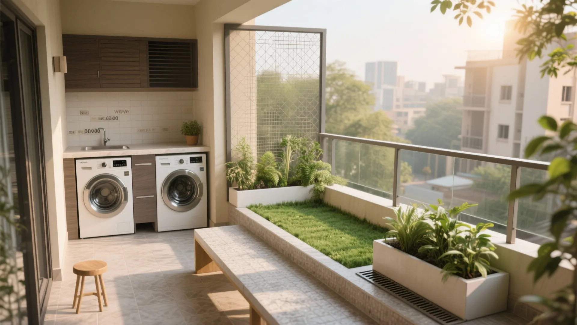 Balcony–utility: green pocket plus laundry stack