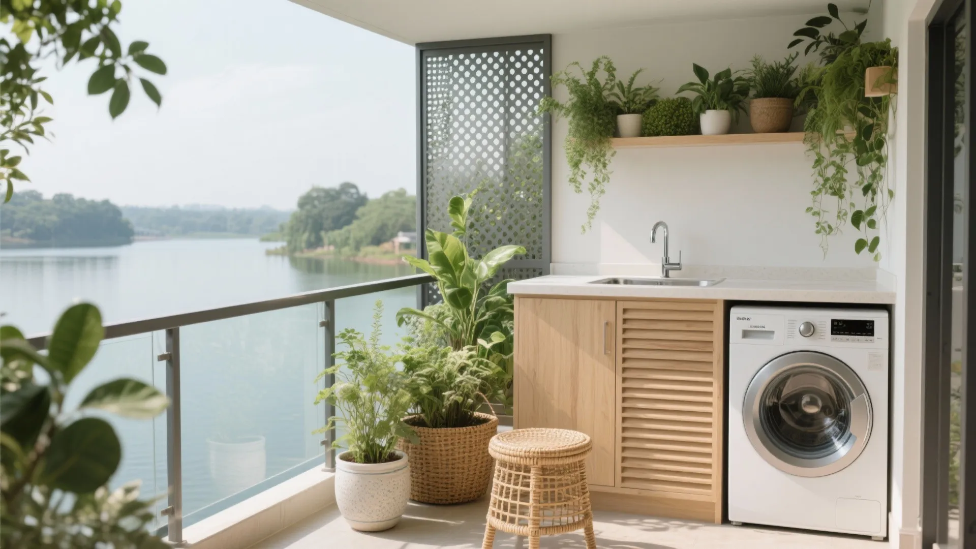 Balcony Utility + Biophilic Layering for Light, Air, and Laundry