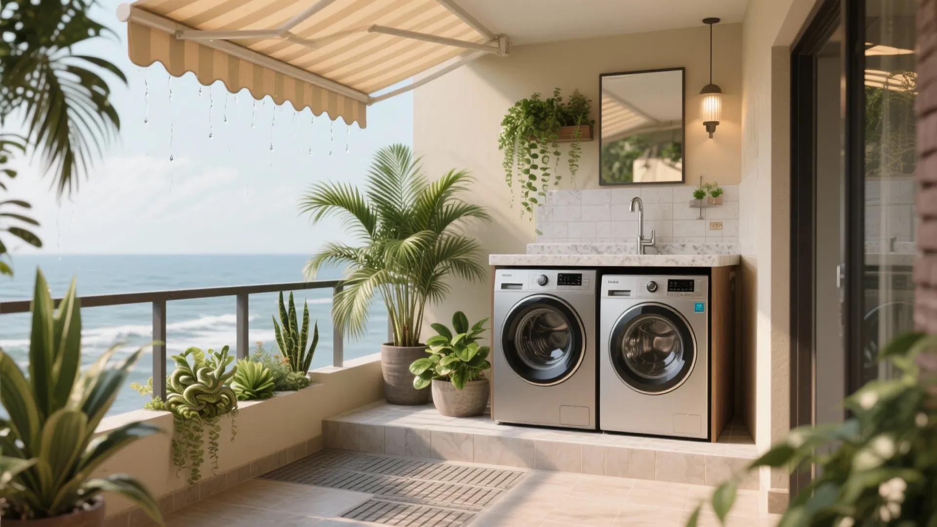 Balcony-to-utility zone and greenery that respects the monsoon