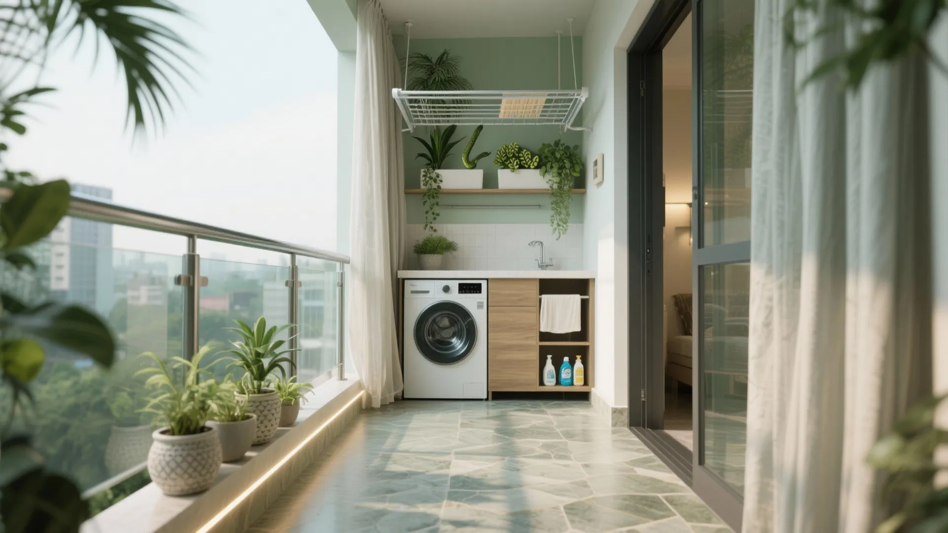 Balcony–utility combo and cross ventilation