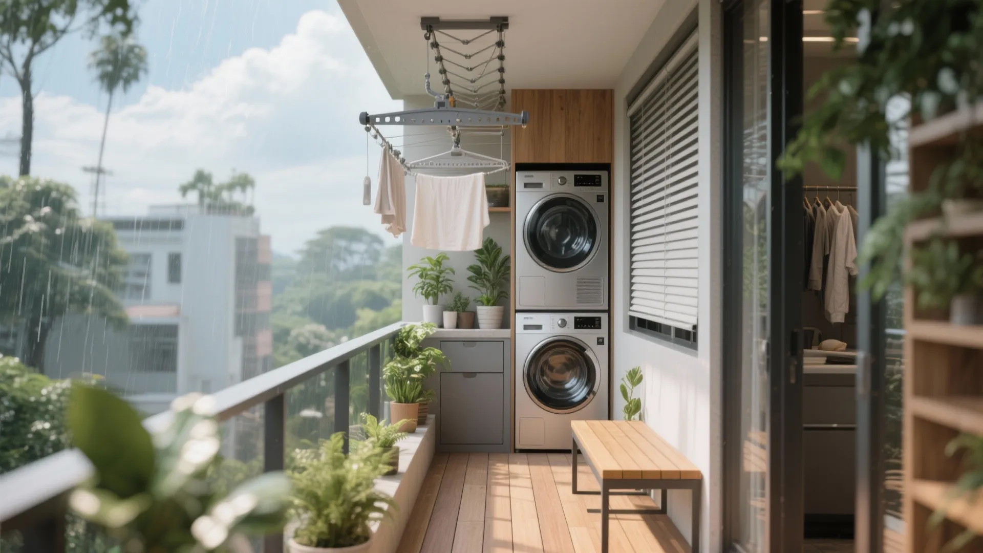 5) Balcony–Utility Hybrid That Disappears When Guests Arrive