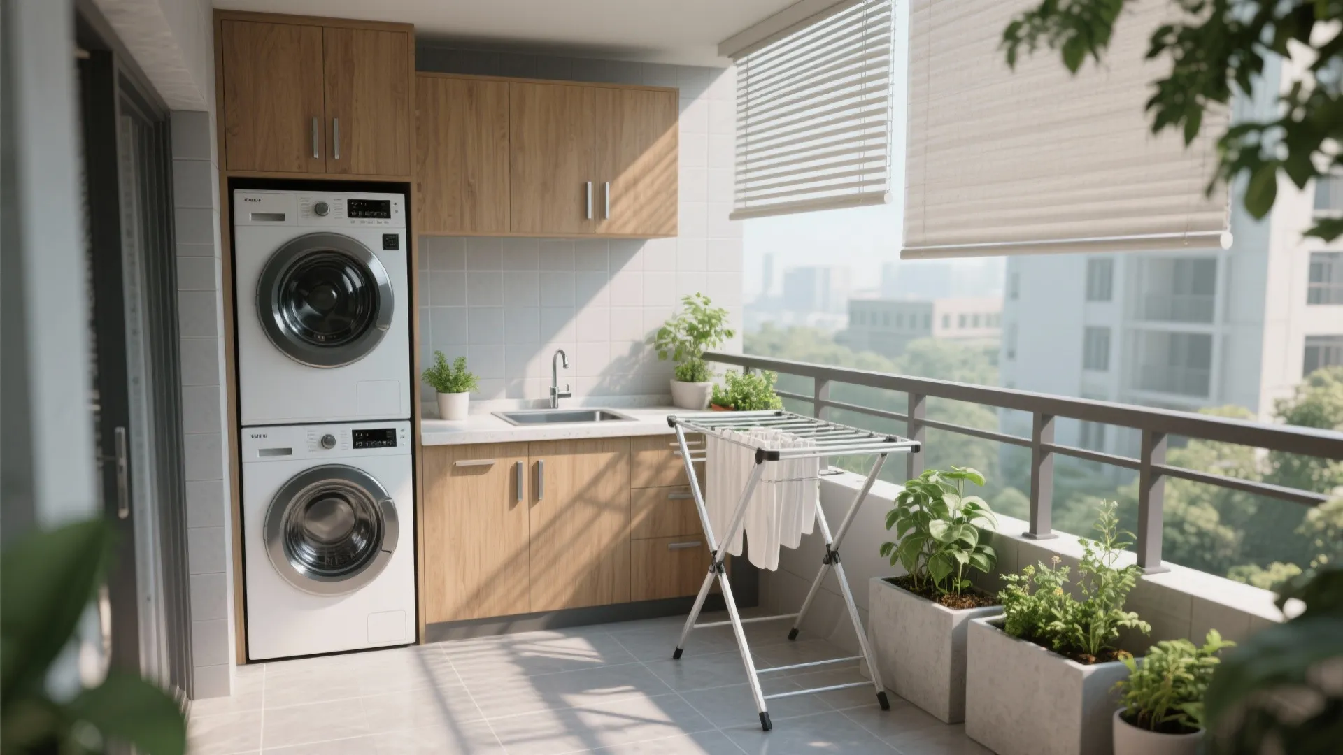 Balcony utility: laundry + green corner