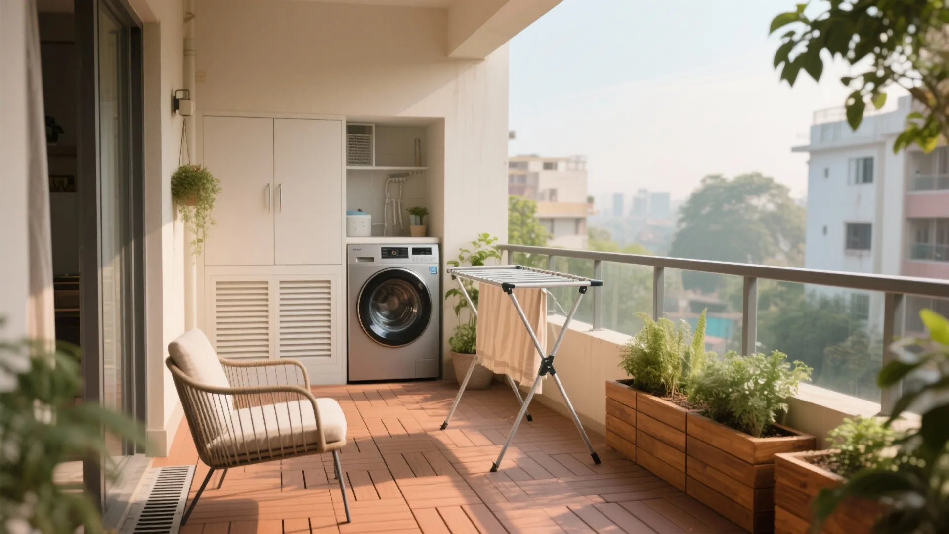 3) Balcony + Utility That Works Hard and Looks Calm
