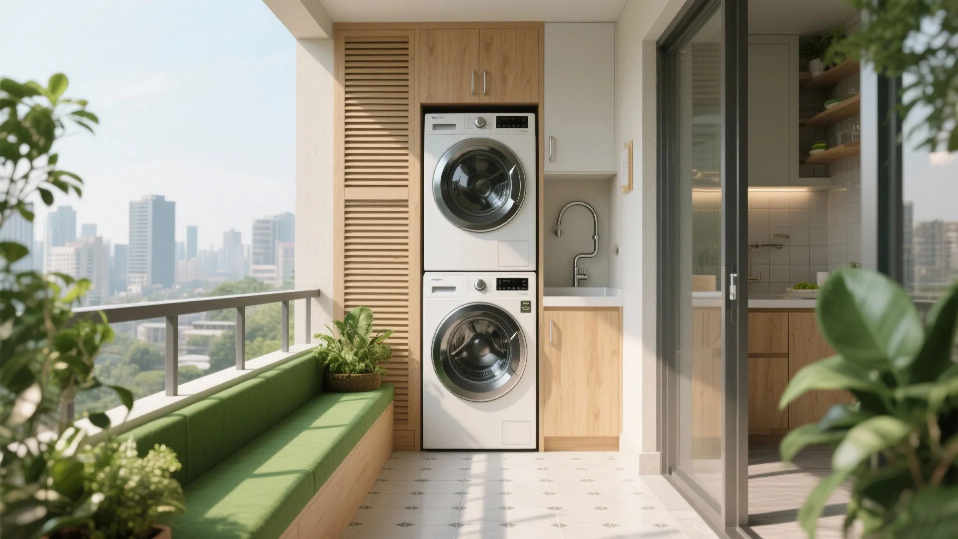 Balcony smarts: utility zone plus a green pocket