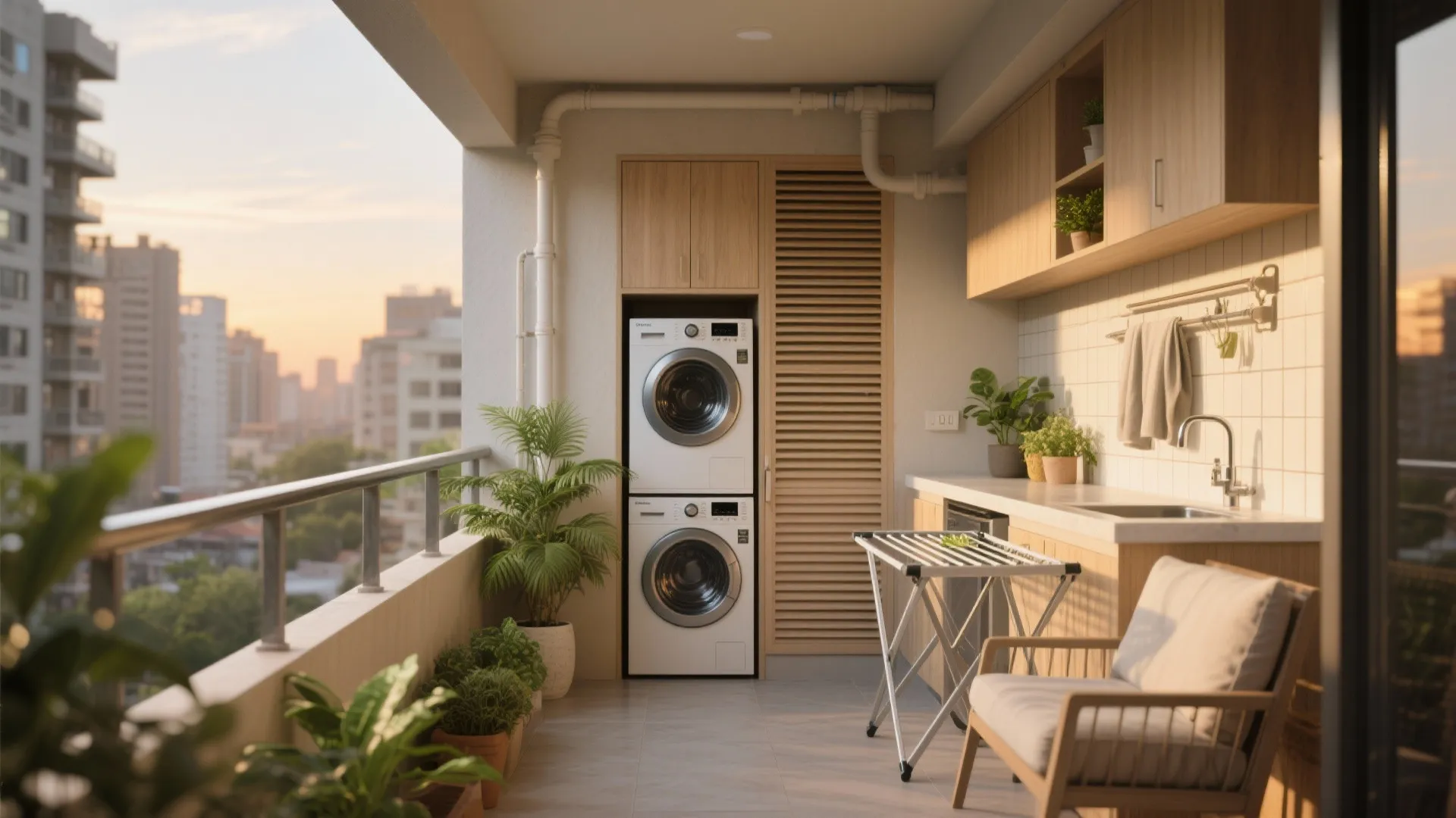 Balcony–utility integration and vertical laundry planning