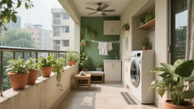 Green Balcony Laundry Space with Plants