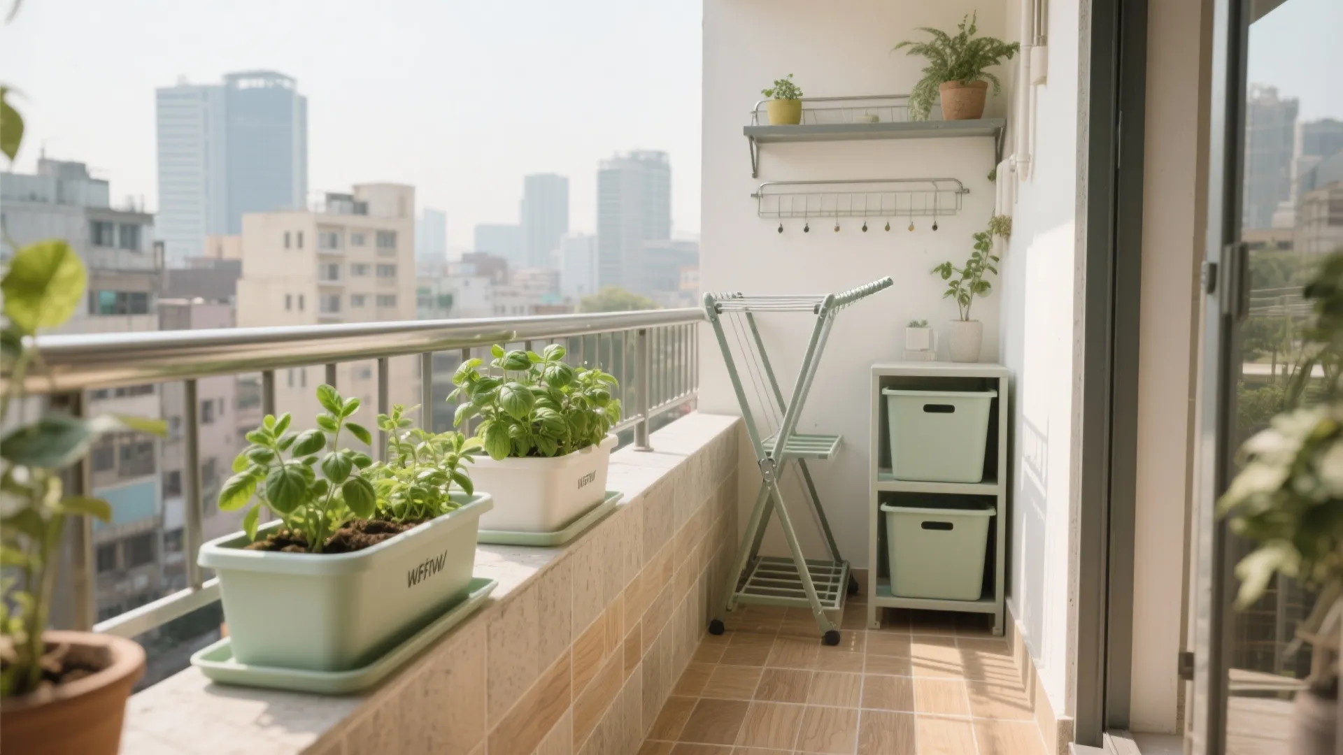 Sunny balcony with green plants in pots drying rack and storage cabinet overlooking the city