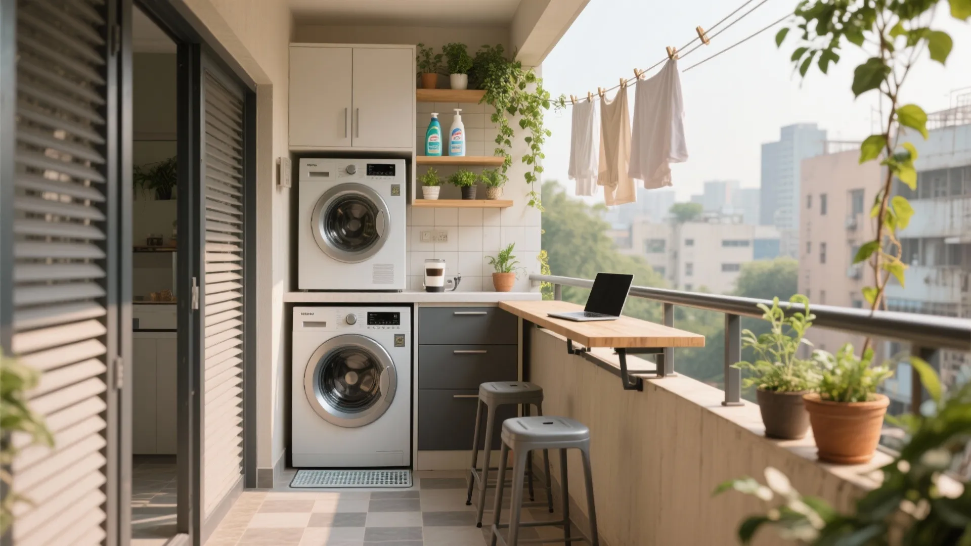 Balcony-utility hybrid: laundry, plants, and a micro-bar