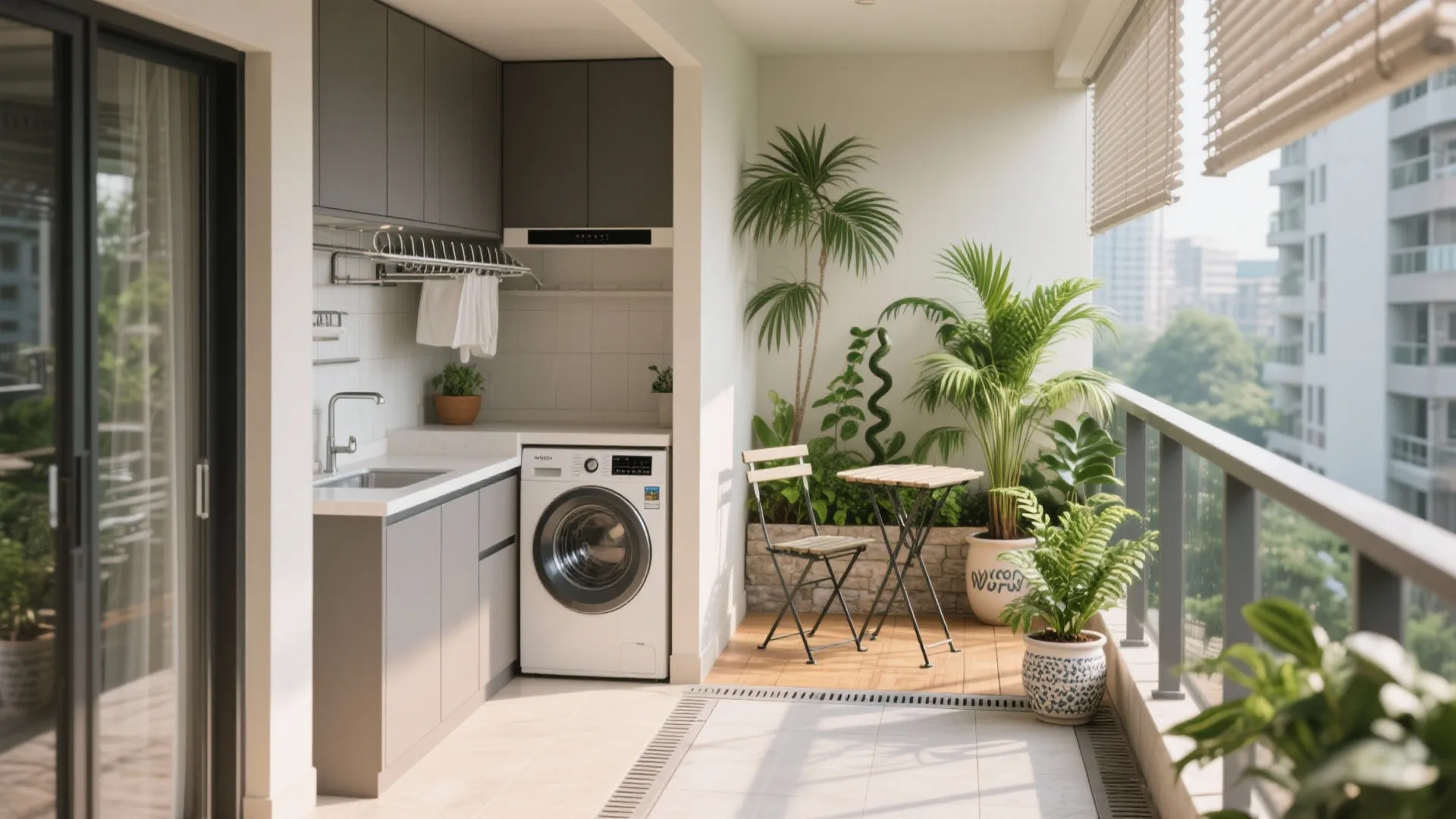 Balcony–Utility Duo: Greenery, Laundry, and Fresh Air