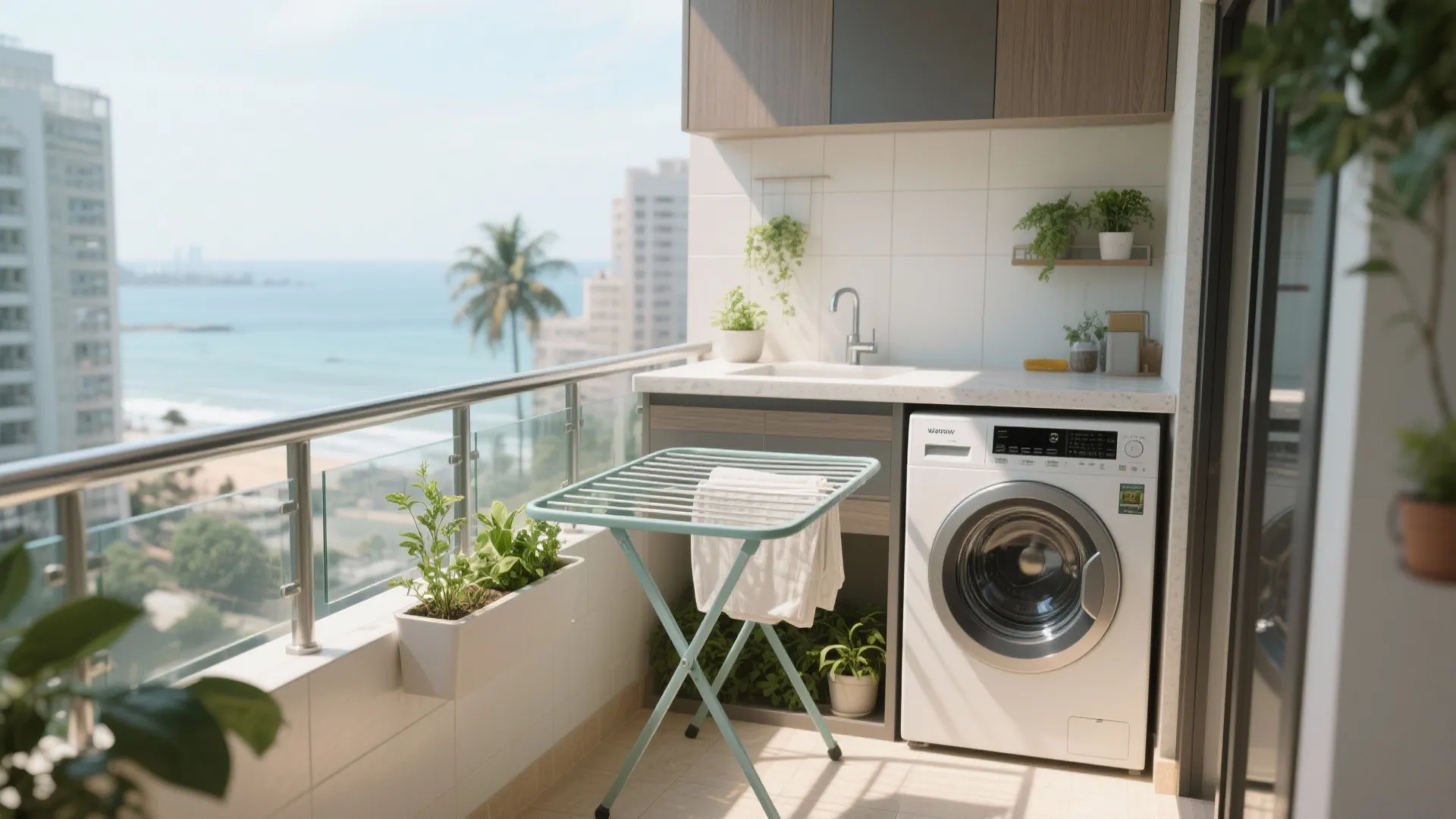 4) Balcony-utility hybrid: foldable laundry and green nook