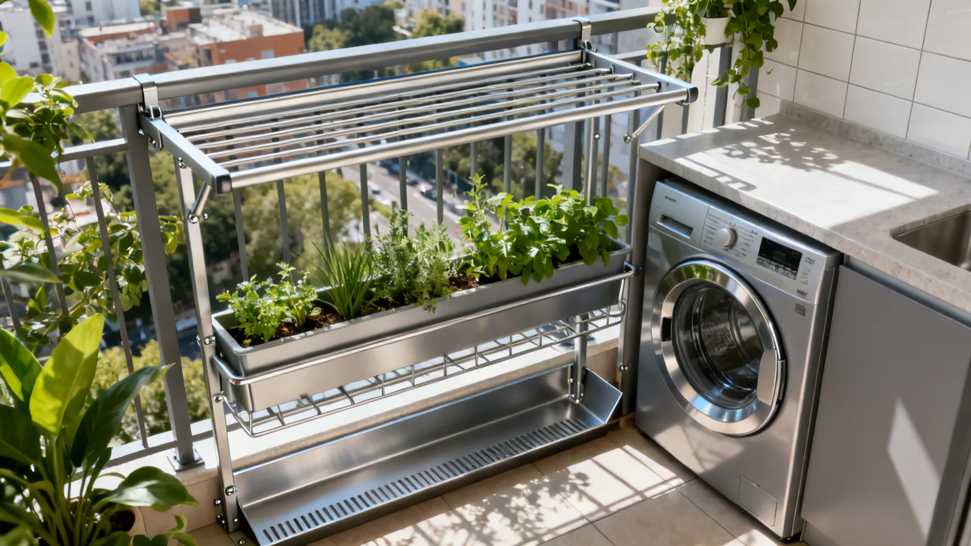 Utility balcony aluminium grill with integrated drying rail and planter rack in a compact kitchen.