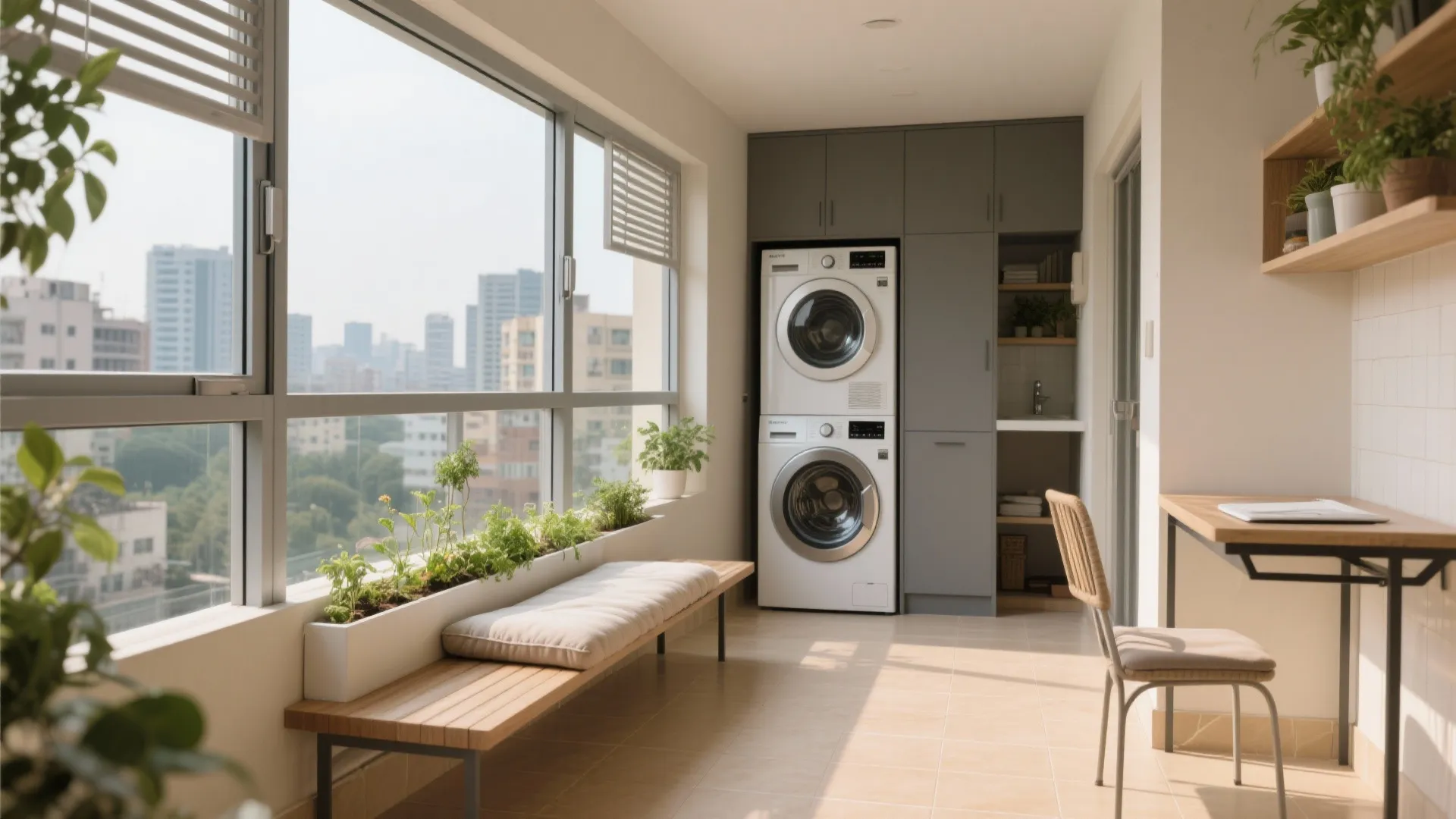 Balcony as a tiny room: utility + garden + nook