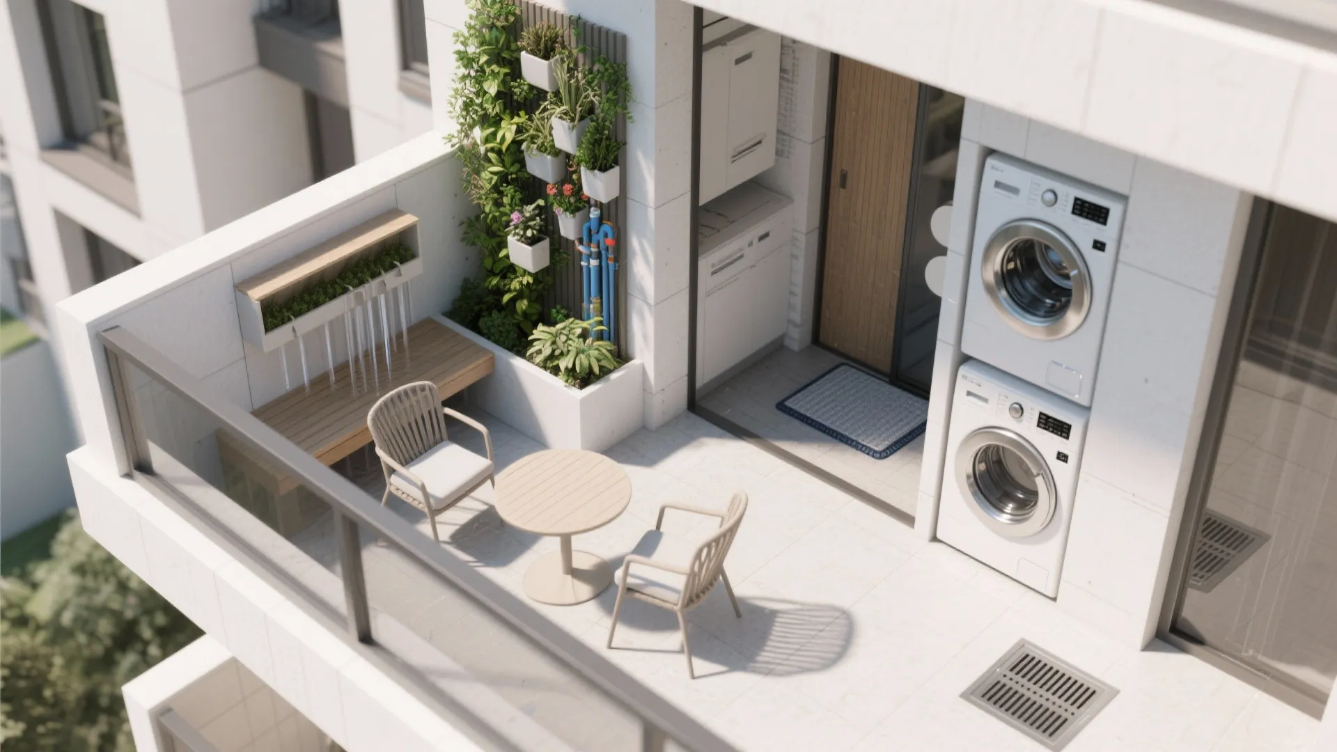 Modern balcony design featuring outdoor table, chairs, stacked washing machines, and a lush vertical garden